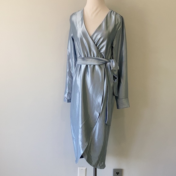 NWT Maternity Blue Satin Wrap Cocktail Midi Dress Size 10 - Picture 8 of 16